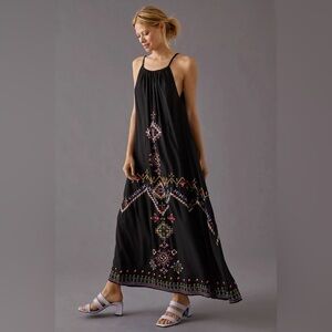 Anthropologie Embroidered Black Maxi Dress